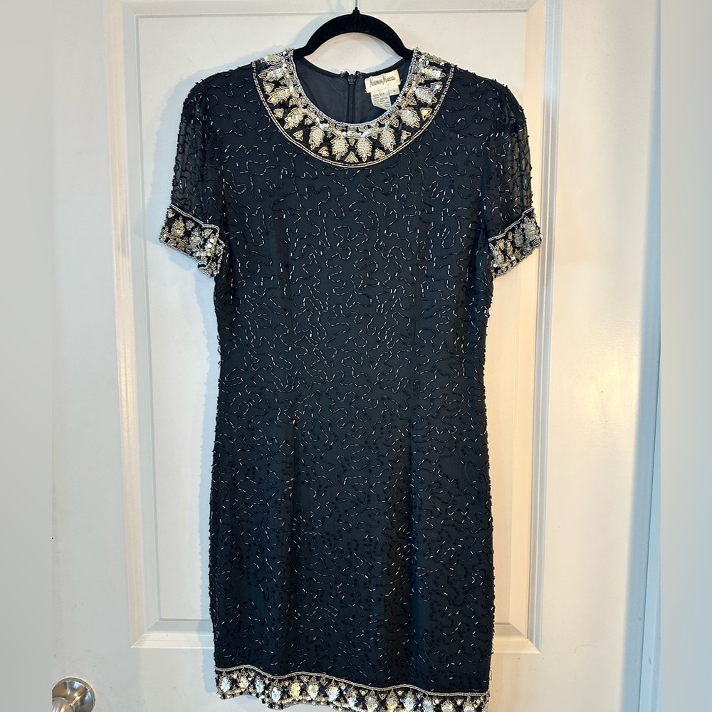 Vintage Neiman Marcus Black& Gold Beaded Sequin All Over Embellishment Dress,S/M